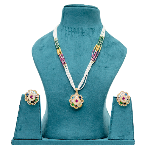 Pearl Beaded Long Necklace Set with Colour Stone Pendant